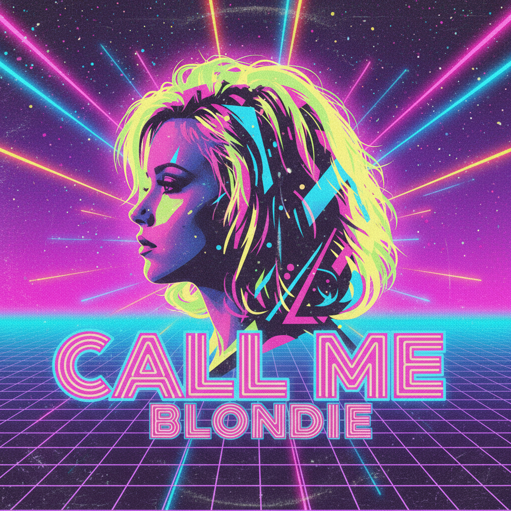 팝 아이콘 데보라 해리의 매혹적인 모습과 복고풍 80년대 분위기의 'Call Me' 앨범 아트워크.