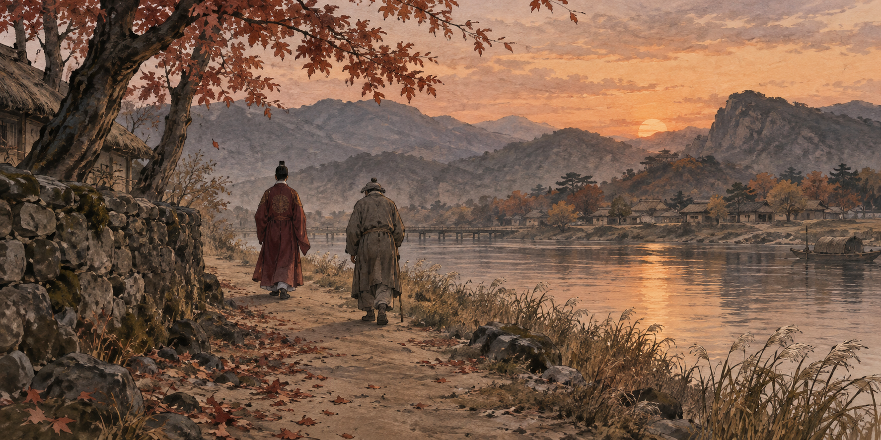 가을 강가에서 유배된 젊은 왕과 촌장을 상징하는 두 사람이 함께 걷는 자체 제작 일러스트