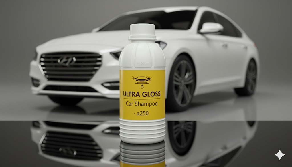 현대적인 흰색 세단 차량과 완벽한 조화를 이루는 a250 카샴푸 용기. 대중적인 차량용품 시장까지 공략 가능