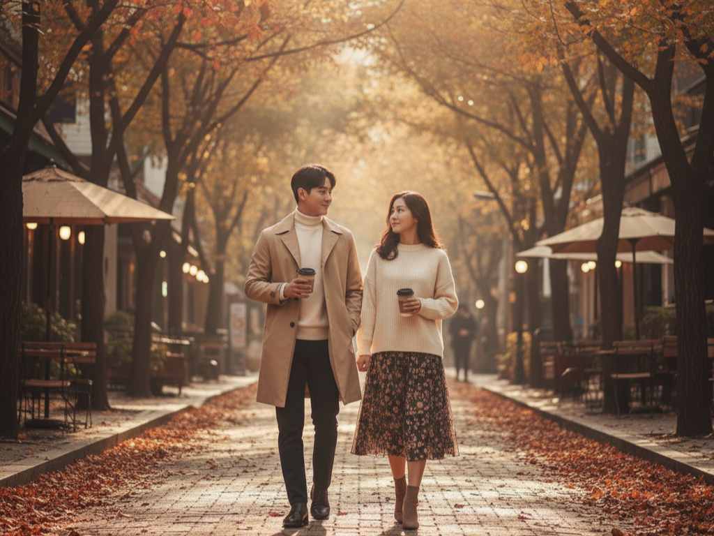 나무와 작은 카페가 줄지어 있는 조용한 도심 거리에서 가벼운 산책 중인 한국 남녀