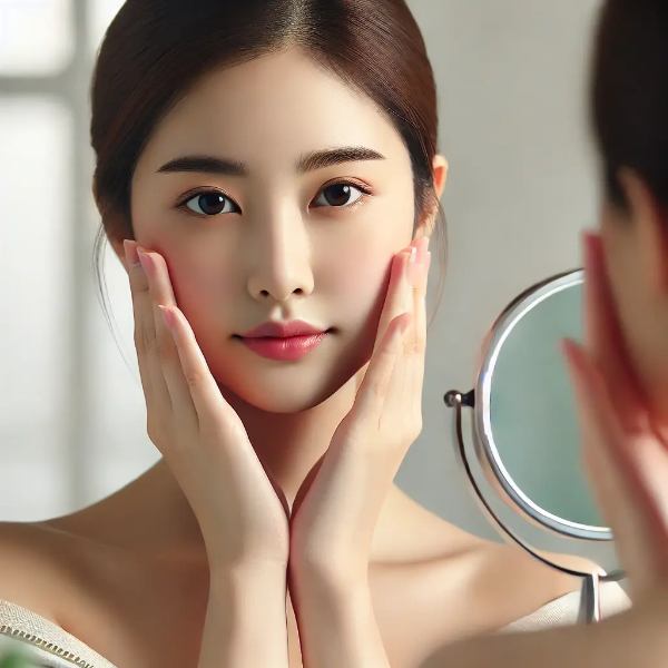 거울 앞에서 얼굴 탄력을 확인하며 스킨케어 중인 동양인 여성