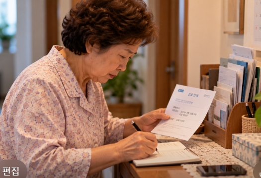서류 보관함 옆 선반에서 병원 안내지를 확인하며 수첩에 진료 날짜를 적는 70대 엄마