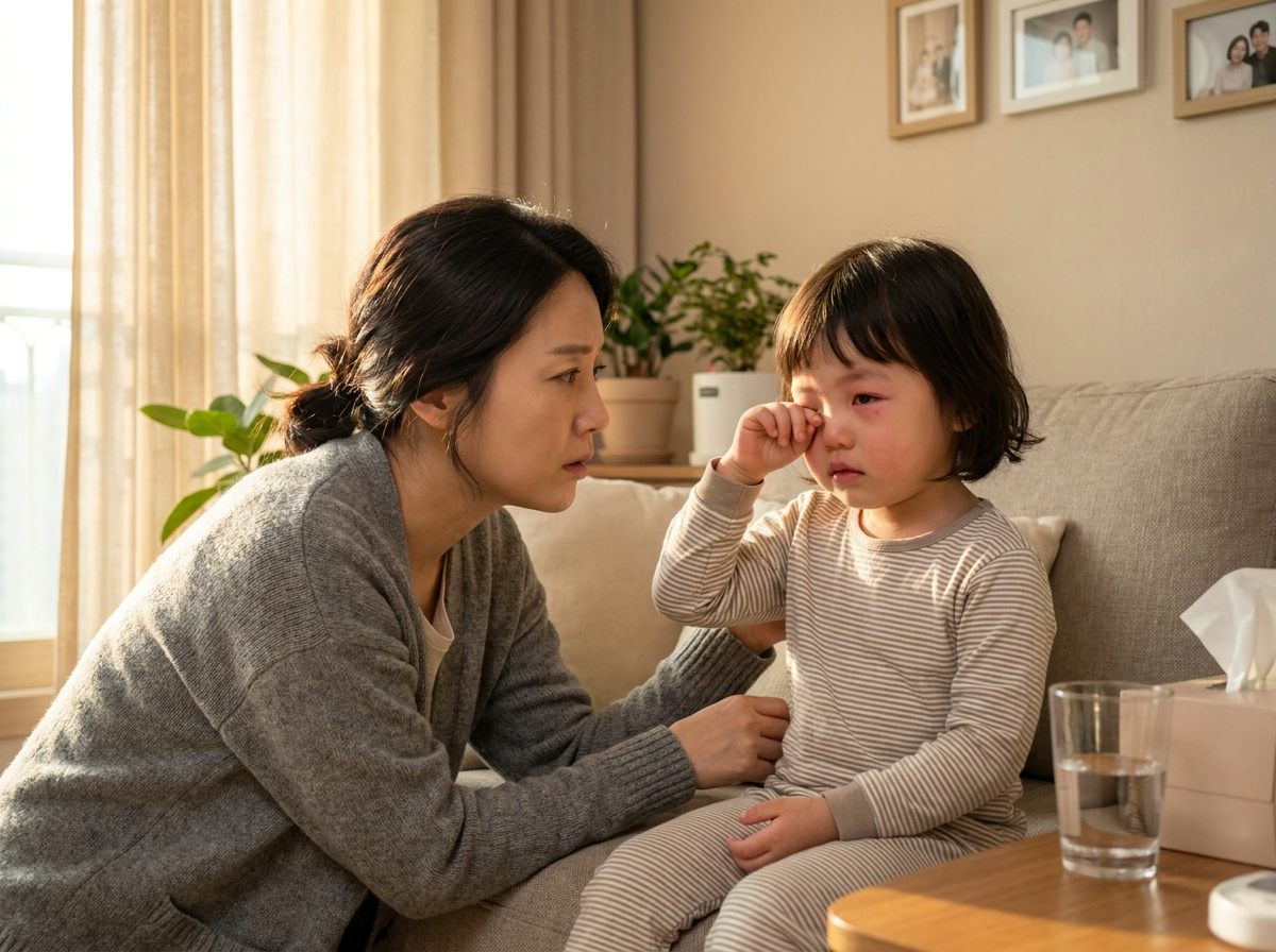 거실에서 충혈된 눈을 비비는 아이와 걱정스럽게 바라보는 한국인 어머니