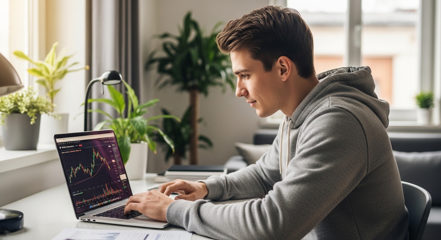 비트코인 차트를 분석하고 있는 청년의 모습