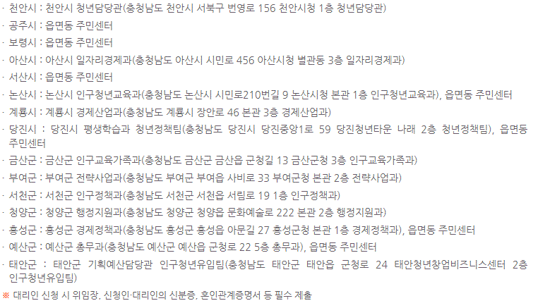 충남 청년 전세보증금반환보증 보증료 지원 사업 중, 방문신청을 할 때, 지역별 주민센터 목록입니다.