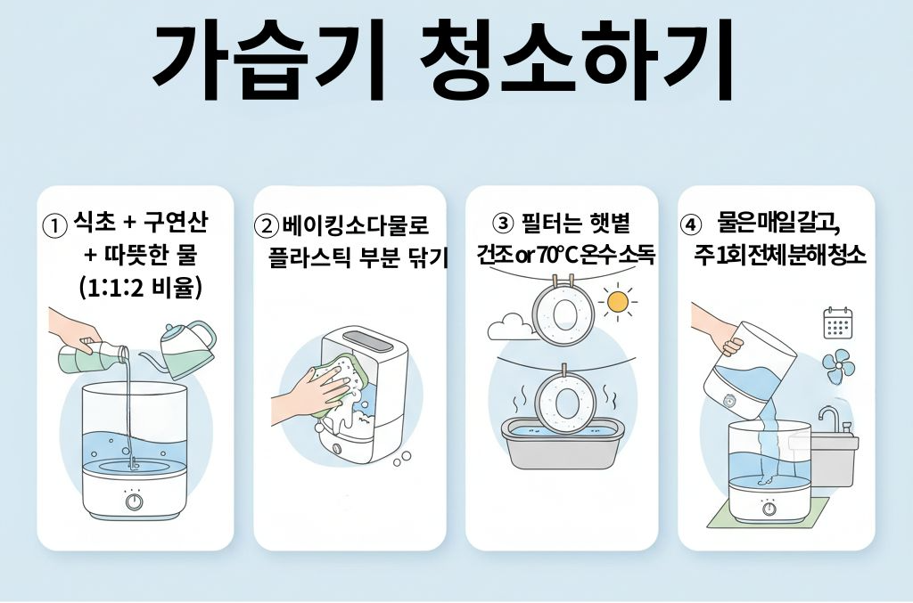 식초, 구연산, 베이킹소다를 활용한 천연 가습기 청소 단계 안내 인포그래픽