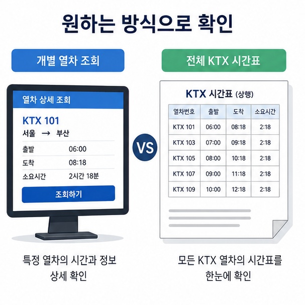 코레일에서 개별 KTX 열차를 조회하는 방법과 전체 시간표를 확인하는 방법을 비교한 이미지