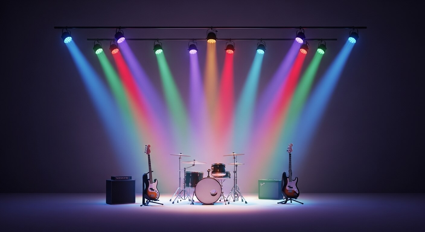 드럼과 기타가 배치된 무대&amp;#44; 위에서 다채로운 조명이 비추는 콘서트 준비 모습