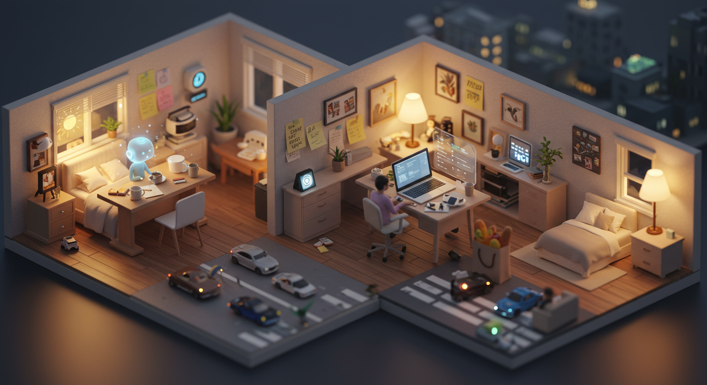 아침부터 밤까지 AI 비서가 함께하는 하루를 묘사한 일러스트