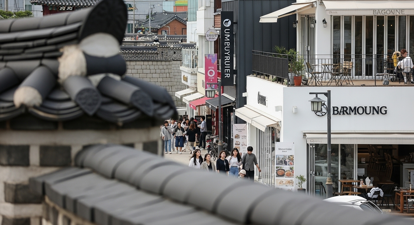 수원화성 성벽과 현대적인 행리단길 카페 거리가 어우러진 풍경 속을 걷는 젊은이들