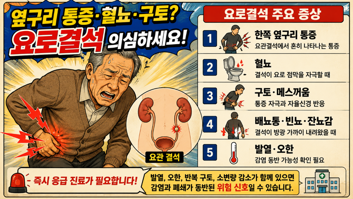 노인 남성이 심한 옆구리 통증을 호소하는 장면과 함께 혈뇨&middot;구토&middot;배뇨 이상&middot;발열 등 요로결석 주요 증상을 정리한 만화형 의료 인포그래픽