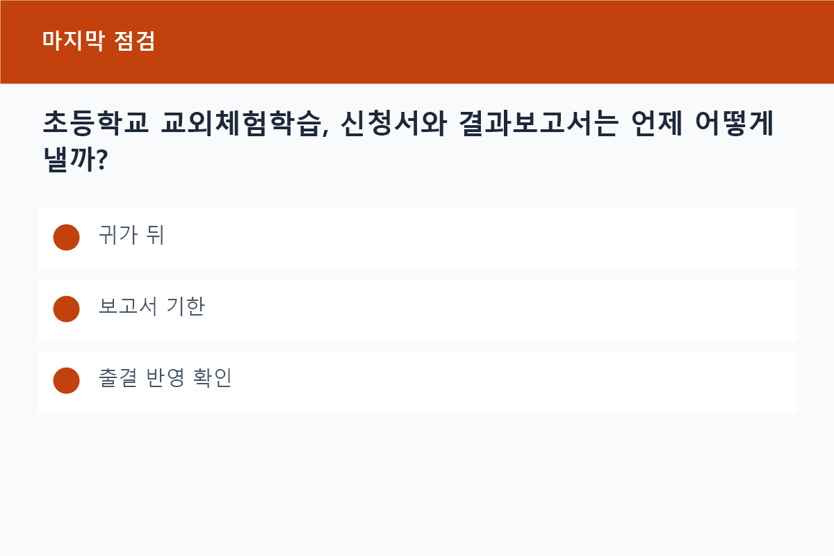 초등학교 교외체험학습, 신청서와 결과보고서는 언제 어떻게 낼까?의 귀가 뒤 핵심을 정리한 정보 카드