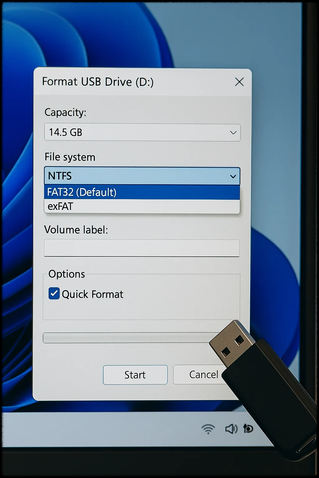 윈도우 USB 포맷 설정 화면