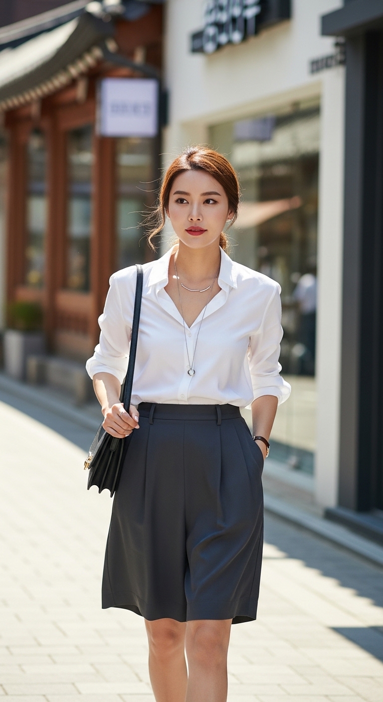 찰랑거리는 고급스러운 소재의 차콜 컬러 범뮤다 팬츠 코디 이미지