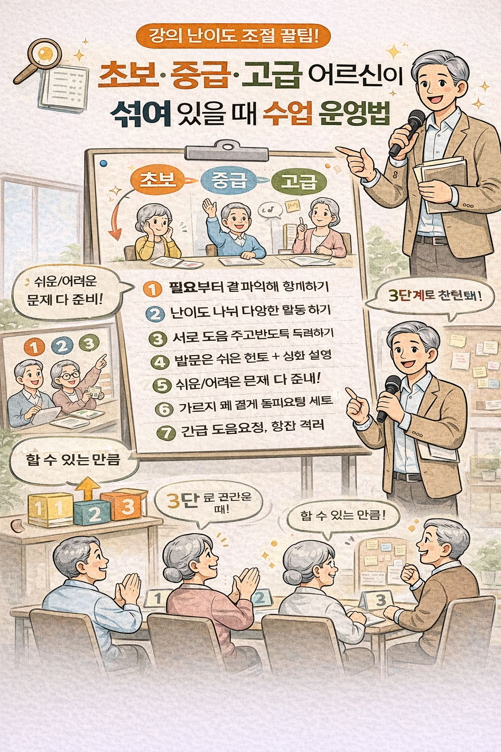 초보&middot;중급&middot;고급 어르신이 섞여 있을 때 수업 운영법