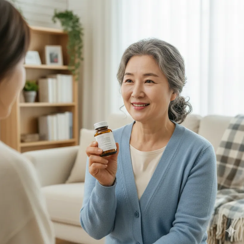 친근한 느낌의 장년의 여성이 건강기능식품 병을 들고 미소 짓고 있는 이미지.