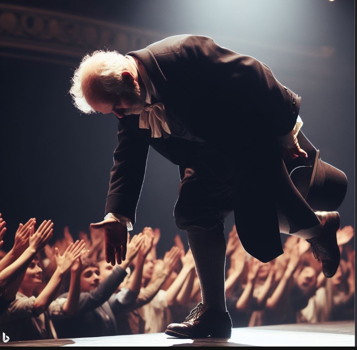 관객들에게 다리 한쪽을 뒤로 빼고 허리를 굽히며 인사하는 배우