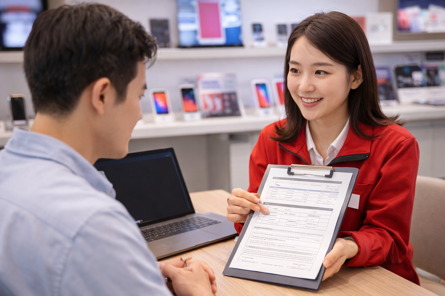 통신비 감면 신청을 위해 통신사 매장에서 상담을 진행하는 장면