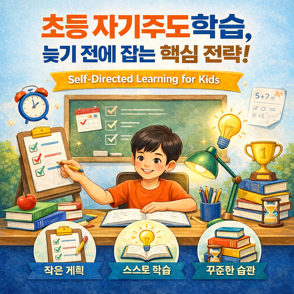 초등학생이 책상에 앉아 체크리스트를 보며 공부하는 모습의 일러스트로, 작은 계획과 스스로 학습, 꾸준한 습관을 통해 자기주도학습을 실천하는 장면을 표현한 이미지