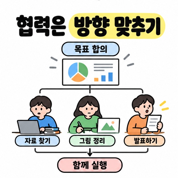 목표 합의 아래 자료 찾기, 그림 정리, 발표하기를 맡은 학생 세 명을 연결하고 함께 실행으로 모이는 협력 도식