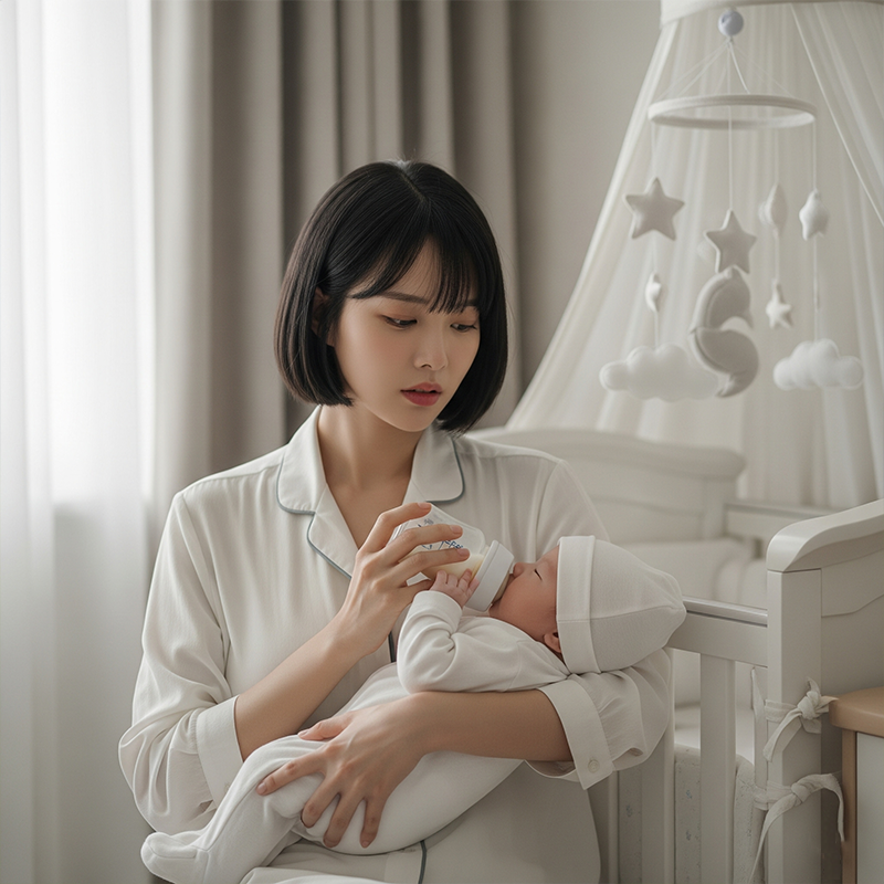 신생아를 안고 분유를 수유하는 단발머리의 엄마. 아기 침대와 모빌이 있는 따뜻한 육아 공간.
