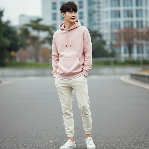 벚꽃잎이 흩날리는 길을 걷고 있는 남성의 모습입니다. 화사한 파스텔톤 블루 후드티와 밝은 크림색 조거팬츠를 매치하여 트렌디한 스트릿 감성을 연출했으며, 흰색 캔버스 스니커즈와 검정색 볼캡, 크로스백으로 포인트를 주었습니다.