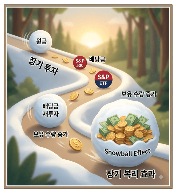 배당금 재투자를 통한 S&P 500 ETF의 장기 복리 및 스노우볼 효과 시각화