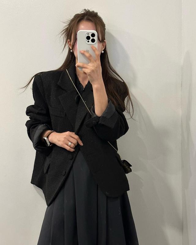 보마 여성 봄 카라 캐주얼 클래식 블랙 트위드 자켓