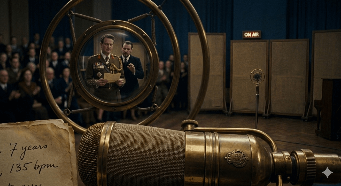 웅장한 클래식 방송실을 배경으로, 거대한 황금빛 빈티지 마이크가 클로즈업되어 있고 그 너머로 연설문을 든 국왕과 그를 돕는 조력자의 모습이 겹쳐 보이는 장면. 영화 킹스 스피치의 핵심 주제인 '언어의 장벽'과 이를 함께 극복해가는 우정의 무게를 상징적으로 표현한 이미지.