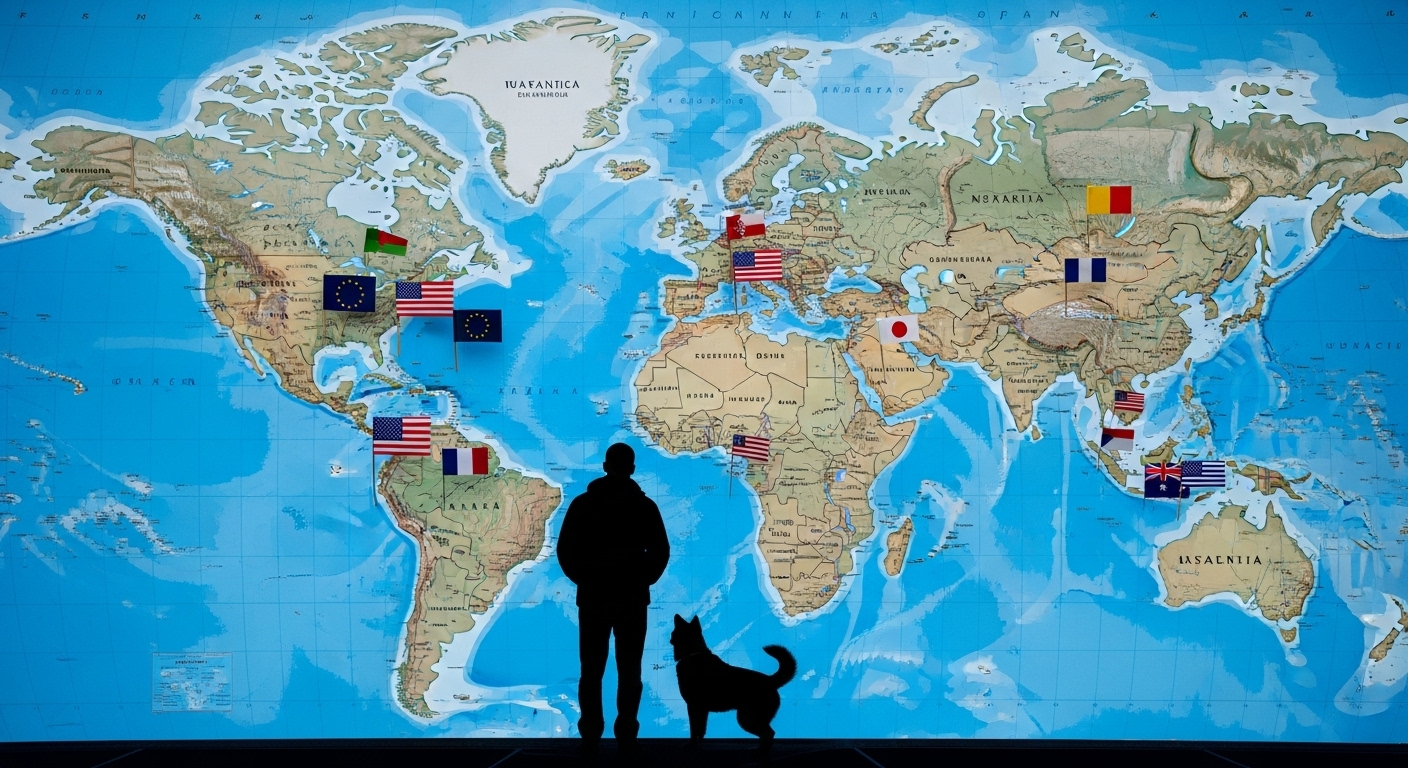 세계 지도 위에 표시된 미국, EU, 일본 등 여러 국가의 국기와 검역 규정을 확인하는 사람과 반려견의 실루엣