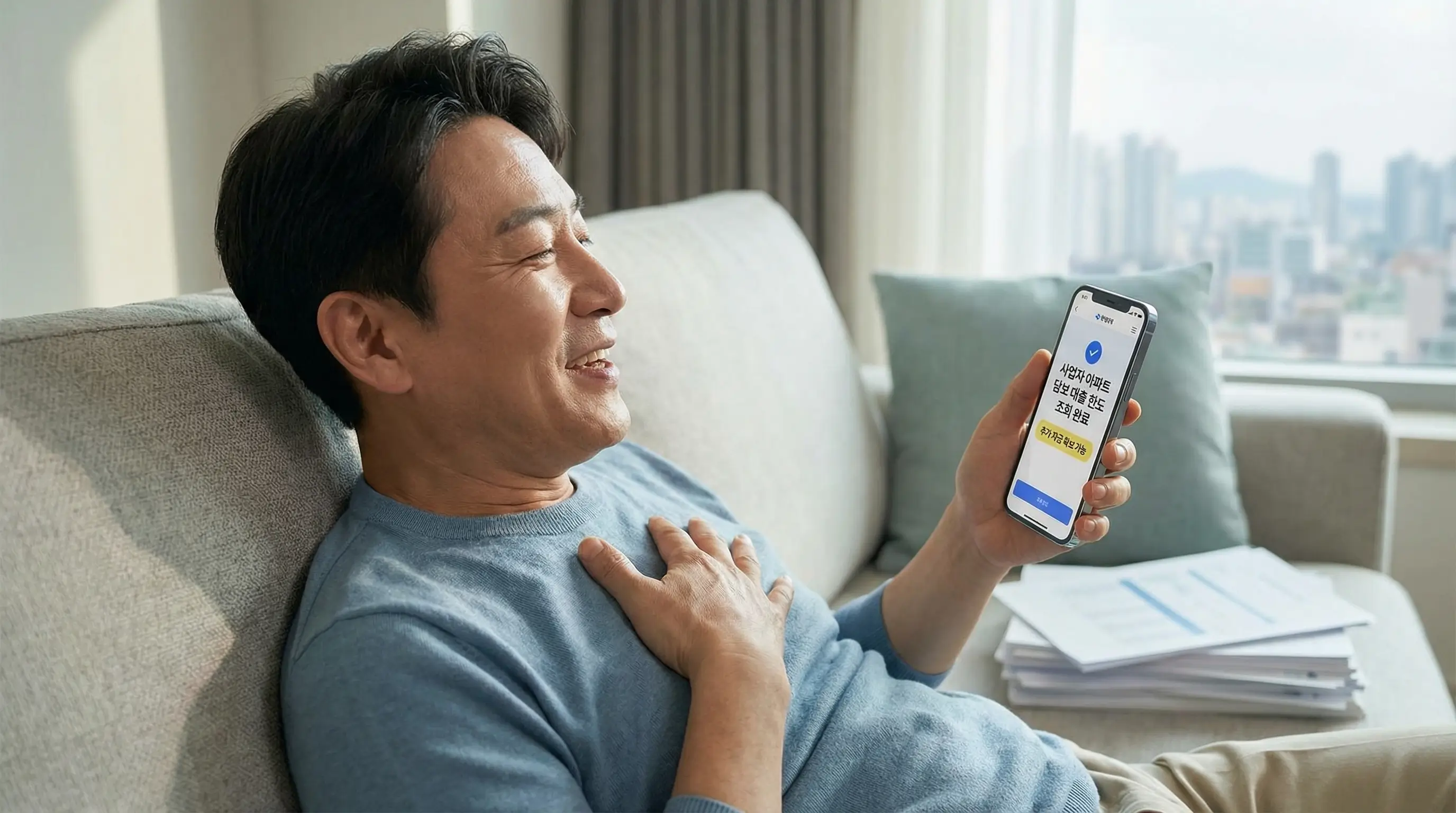 스마트폰 앱으로 사업자 아파트 담보 대출 한도를 조회하고 넉넉한 추가 자금을 확보하는 안도하는 모습