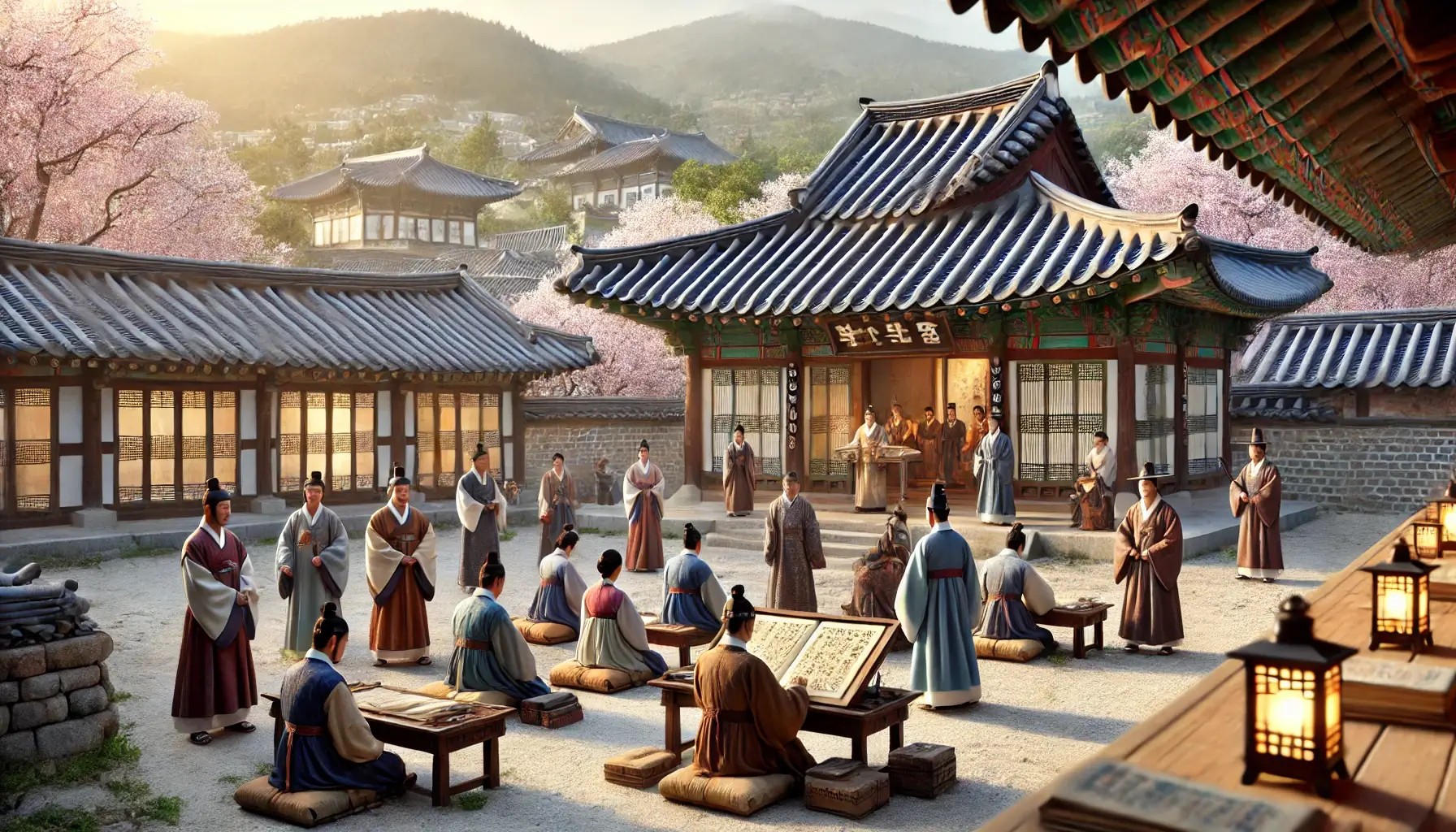 전통 한국 건축양식의 건물과 역사적 의상을 입은 학자와 학생들이 특징입니다. 벚꽃나무가 있는 고요한 정원에 설정되어 있습니다.