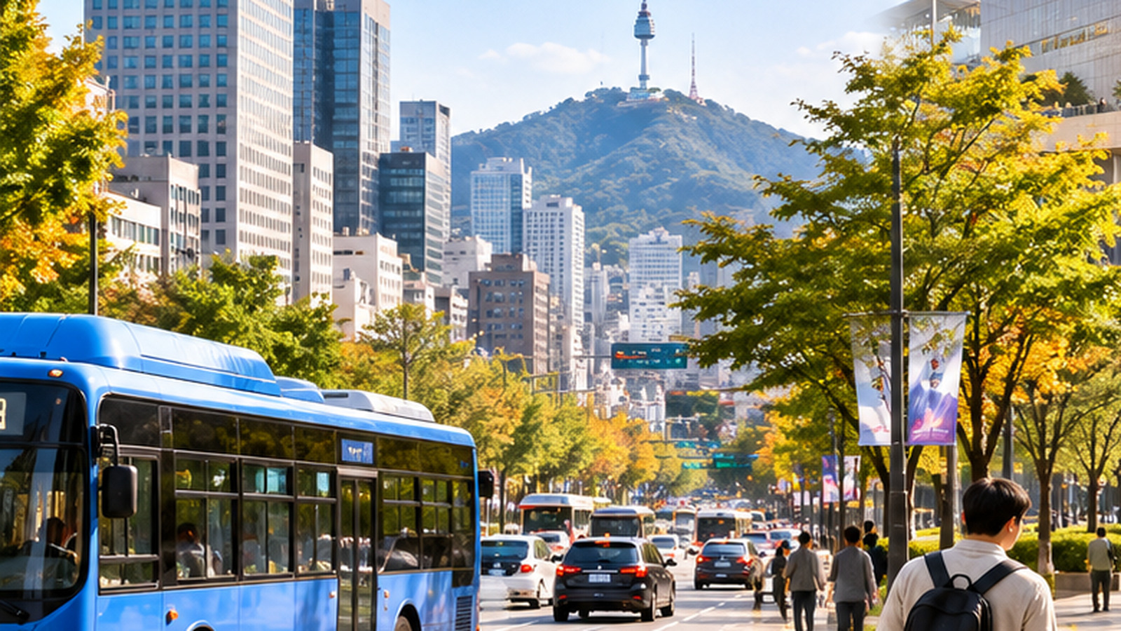 서울 도심 도로의 파란 버스와 가을철 보행 공간 모습