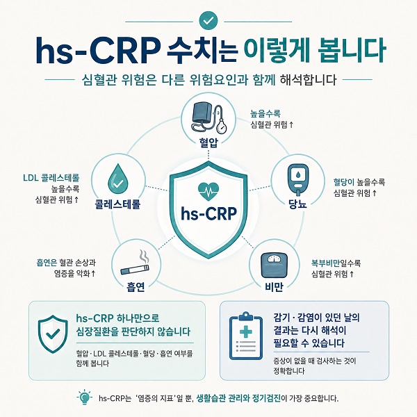 hs-CRP 수치와 혈압 콜레스테롤 흡연 당뇨 등 심혈관 위험요인을 함께 비교한 인포그래픽