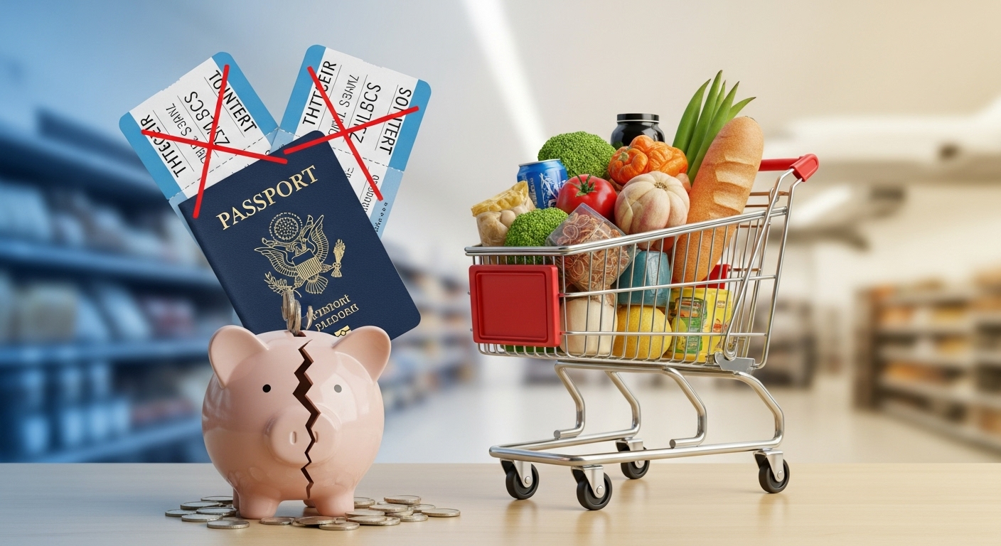 환율 상승으로 인해 장바구니 물가가 오르고 해외여행 경비가 부담되는 등 일상생활에 미치는 영향을 보여주는 이미지.