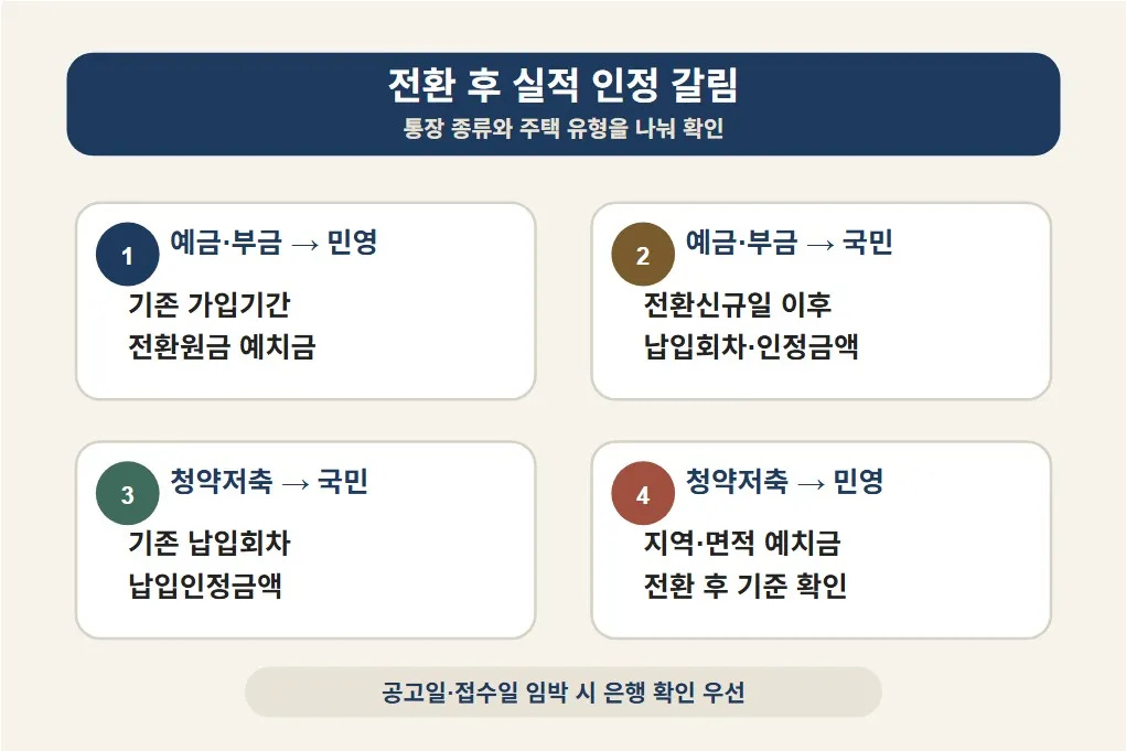 청약통장 전환 후 민영주택과 국민주택에서 기존 가입기간, 납입회차, 인정금액이 어떻게 달라지는지 비교한 인포그래픽