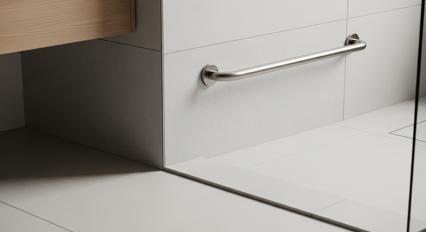 바닥 턱을 없앤 무단차 설계와 고급스러운 디자인 안전바가 설치된 유니버설 디자인 욕실