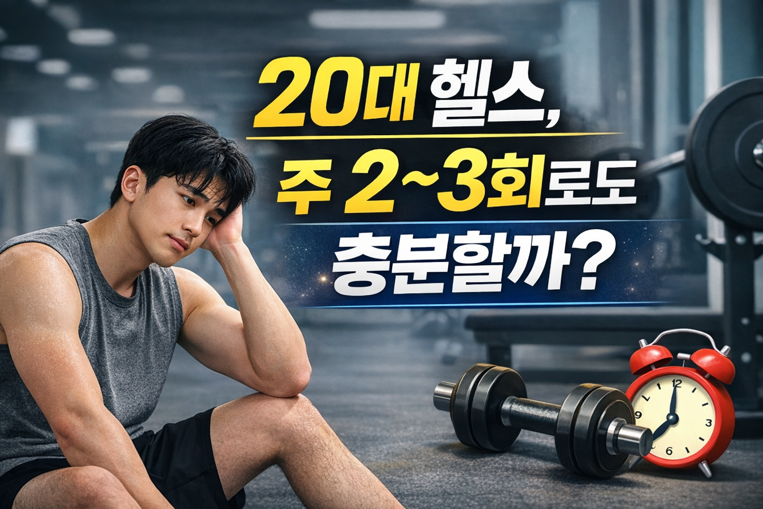 헬스장에서 앉아 고민하는 20대 남성과 덤벨, 알람 시계가 놓인 장면으로 주 2~3회 운동 빈도의 현실성을 표현한 이미지