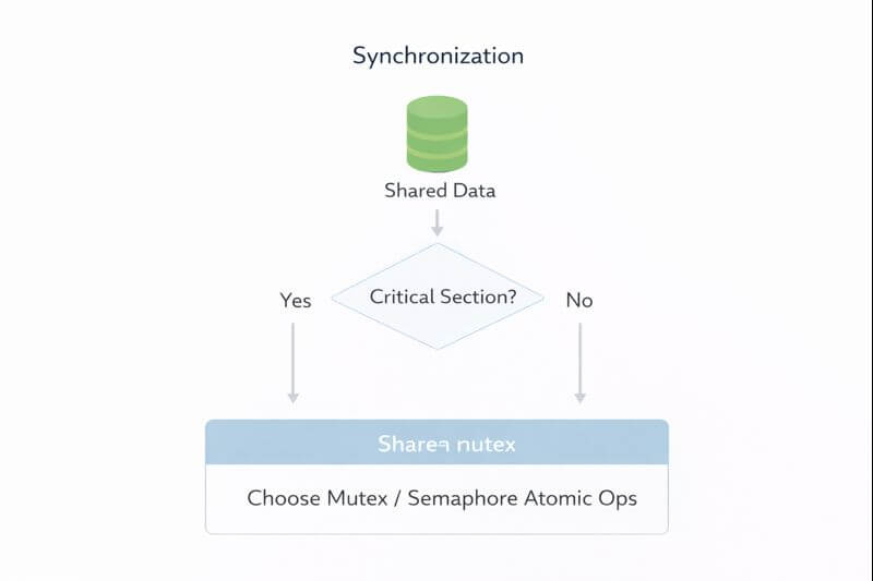 공유 데이터가 있는지 확인하고, 임계 구역이 필요하면 뮤텍스 또는 세마포어를 선택하며, 단순 카운터는 원자 연산으로 대체할 수 있음을 전산학 관점에서 단계별로 보여주는 다이어그램