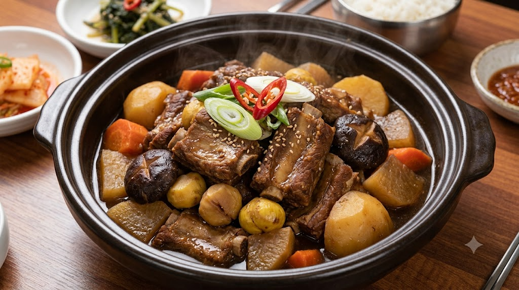 검은색 뚝배기에 큼직한 소갈비, 무, 당근, 밤, 표고버섯이 진한 간장 양념에 졸여져 풍성하게 담겨 있습니다. 갈비 위에는 썰어 넣은 대파와 홍고추, 참깨가 고명으로 올려져 있으며 따뜻한 김이 피어오릅니다. 식탁 주변에는 공깃밥과 깍두기, 나물 등의 밑반찬이 함께 차려져 있습니다.