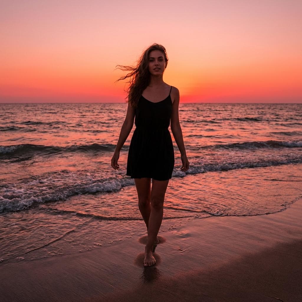 석양이지는 바닷가 젖은 모래 위를 맨발로 걷고 있는 여성, 슈퍼 어싱 장소 추천