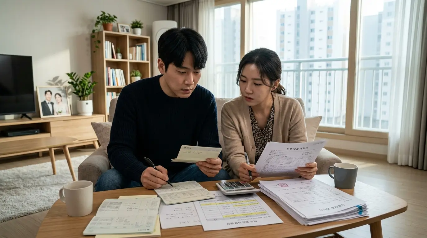 한국의 현대적인 신혼부부 가정에서 남편과 아내가 부모님과 작성한 차용증과 이체 내역서를 심각하게 검토하는 모습