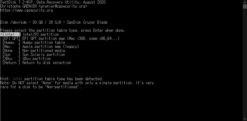 파일 복구를 위한 파티션 형식 설정