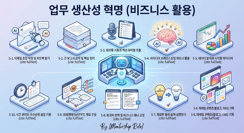 인포그래픽 중앙에는 멀티 스크린 콘솔에 앉은 AI 로봇이 AI 허브 역할을 하고 있습니다. 이 허브에서 시작된 연결선이 총 10개의 번호가 매겨진 애플리케이션 패널로 뻗어 나갑니다. 각 패널은 깨끗한 아이콘과 제목, 간략한 설명을 포함하고 있으며, 부드러운 파란색과 보라색 그라데이션 배경에 배치되었습니다.
애플리케이션 상세 (상단에서 시계 방향):
5-1: 이메일 초안 작성 및 피드백 받기 - 로봇 팔이 이메일 봉투 위에 글을 쓰는 아이콘.
5-2: 긴 보고서 요약 및 핵심 정리 - 키가 큰 문서 스택 아이콘.
5-3: 회의록 기록 및 액션 아이템 추출 - 'Action Items' 체크리스트와 마이크 아이콘.
5-4: 아이디어 브레인스토밍 파트너 활용 - 뇌를 둘러싼 여러 전구 아이콘.
5-5: 데이터 분석과 시각화 아이디어 - 막대 차트와 파이 차트 아이콘.
5-6: 마케팅 콘텐츠(블로그, SNS) 기획 - 소셜 미디어 앱 아이콘이 떠 있는 노트북 화면.
5-7: 복잡한 용어 쉽게 설명받기 - 'JARGON' 전구가 'Understandable Concept' 전구로 바뀌는 아이콘.
5-8: 외국어 번역 및 비즈니스 매너 교정 - 한국어 비즈니스 이메일과 그에 상응하는 영어 번역, 비즈니스 에티켓 팁이 비교된 텍스트 패널 아이콘.
하단 추가 패널:
5-9: 프레젠테이션(PPT) 개요 구성 - 다양한 흐름도와 와이어프레임이 표시된 컴퓨터 화면 아이콘.
5-10: 시간 관리와 우선순위 설정 지원 - 시계와 체크리스트 아이콘.