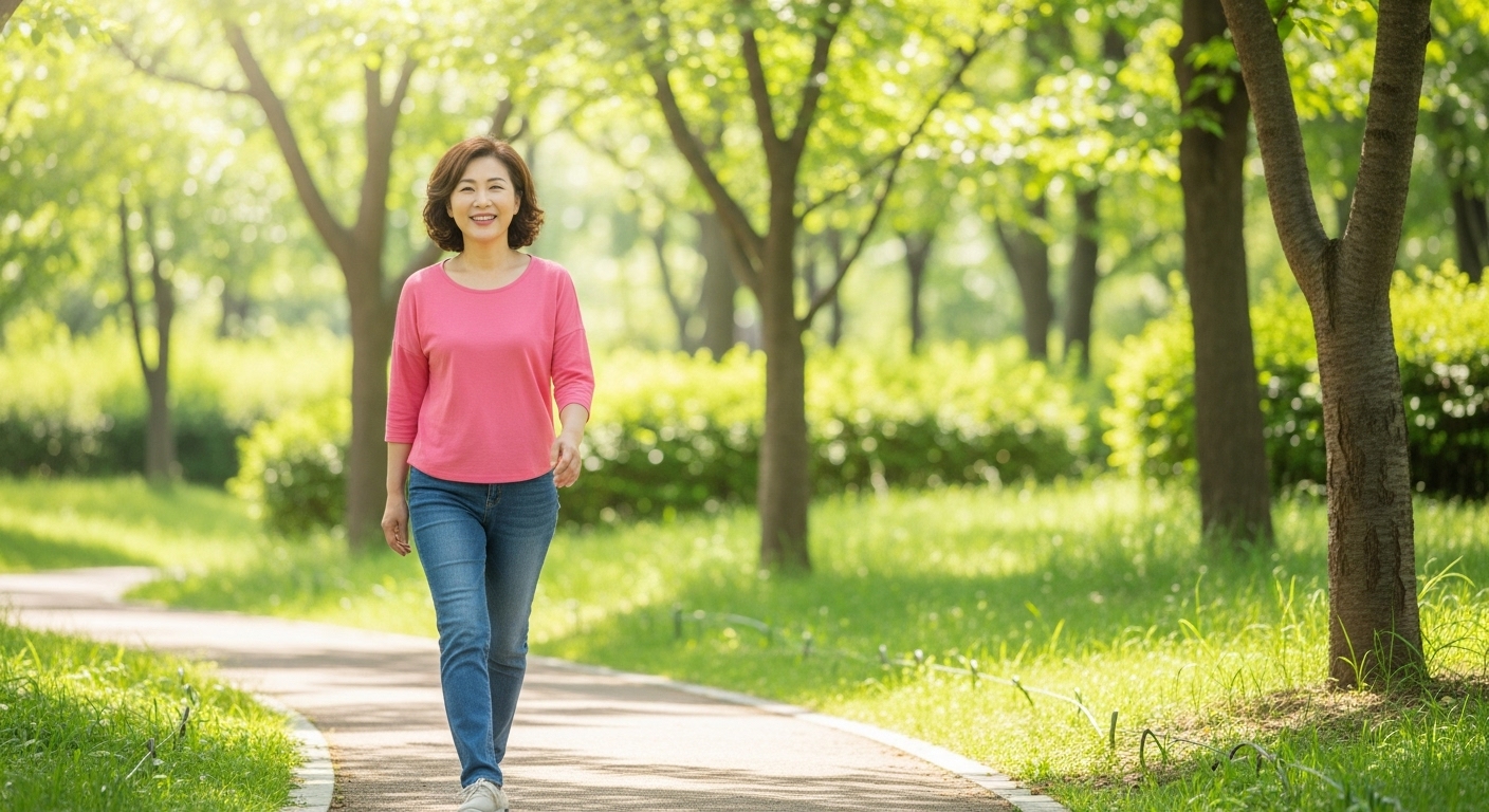 여성이 공원에서 산책하는 모습