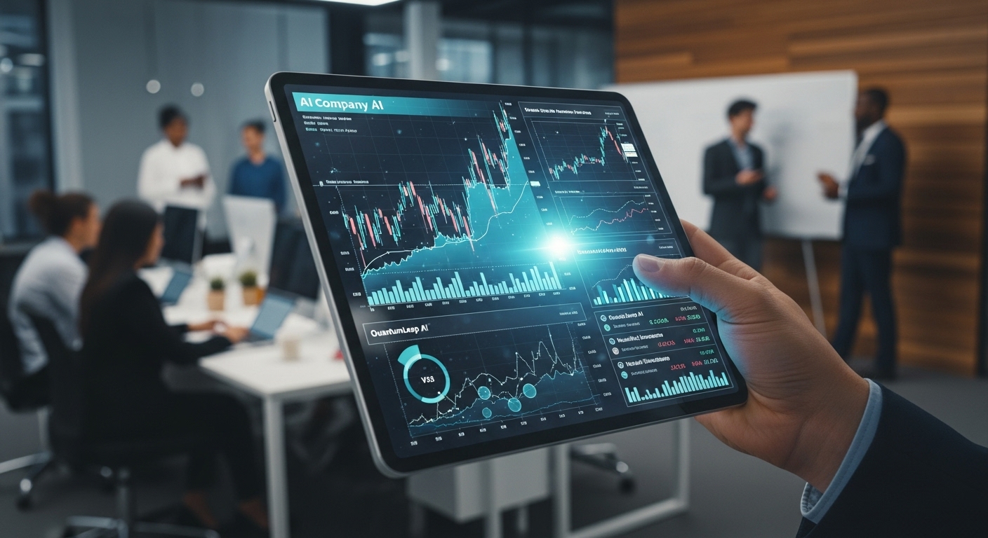 ์์ ๋ค๋ฆฐ ํ๋ธ๋ฆฟ์ AI ์ฃผ์ ์ฐจํธ์ ๋ฐ์ดํฐ๊ฐ ํ์๋๊ณ , ๋ฐฐ๊ฒฝ์ ํฌ๋ฏธํ๊ฒ ๋ณด์ด๋ ์ฌ๋ฌด์ค ์ฌ๋๋ค์ ๋ชจ์ต, AI ํฌ์ ๋ถ์์ ์์ง.