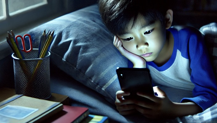 초등학교 4학년 정도의 아이가 스마트폰에 집중하는 모습