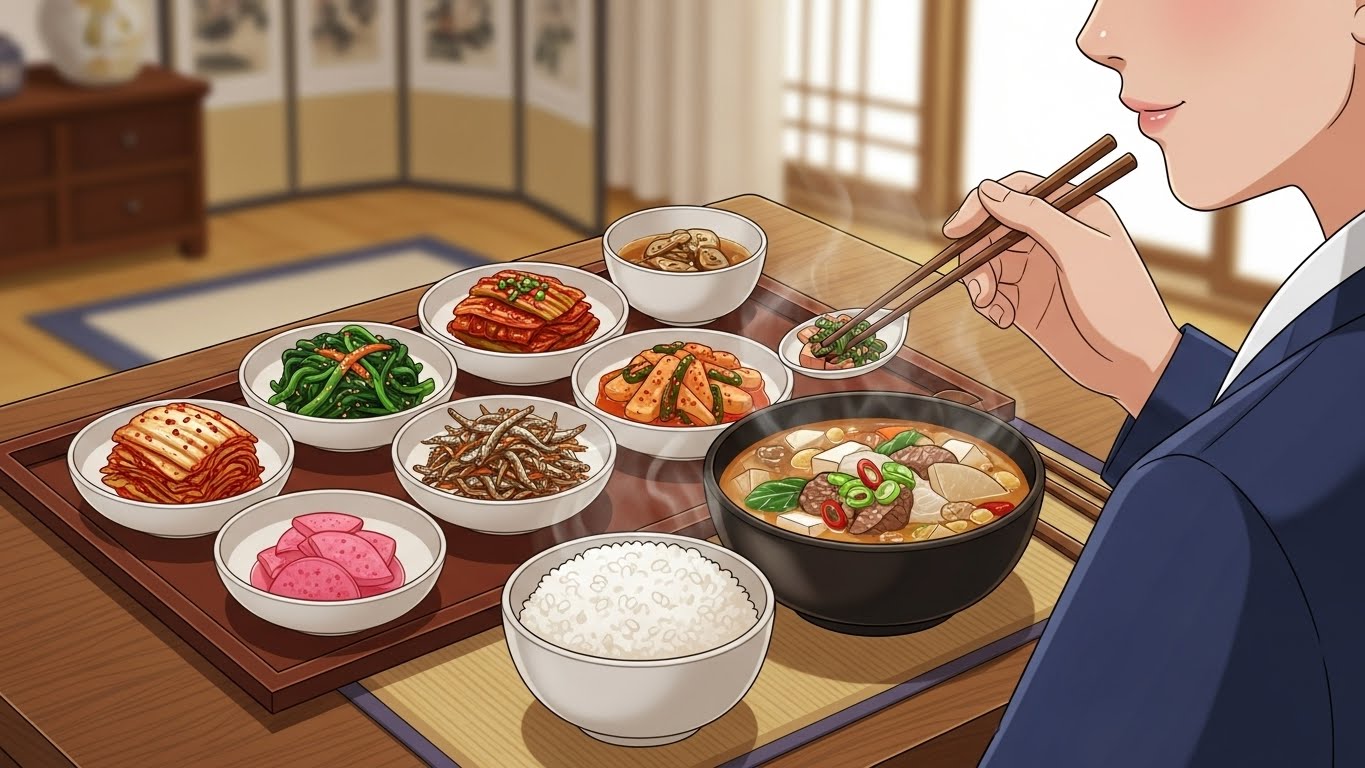Traditional Korean breakfast with soup, rice, and side dishes, representing a balanced morning meal that supports steady energy throughout the day.