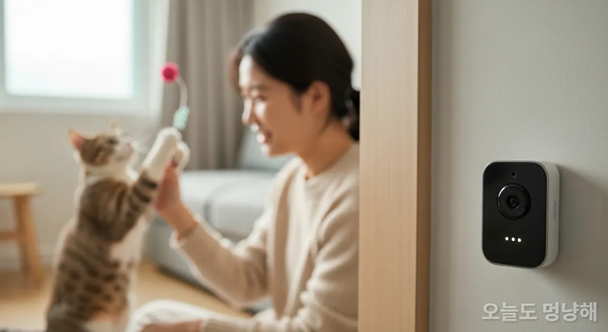 모던한 거실 벽에 설치된 AI 기반 반려동물 카메라