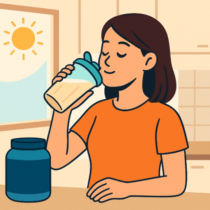 아침 햇살 아래 단백질 셰이크를 마시는 여성 일러스트